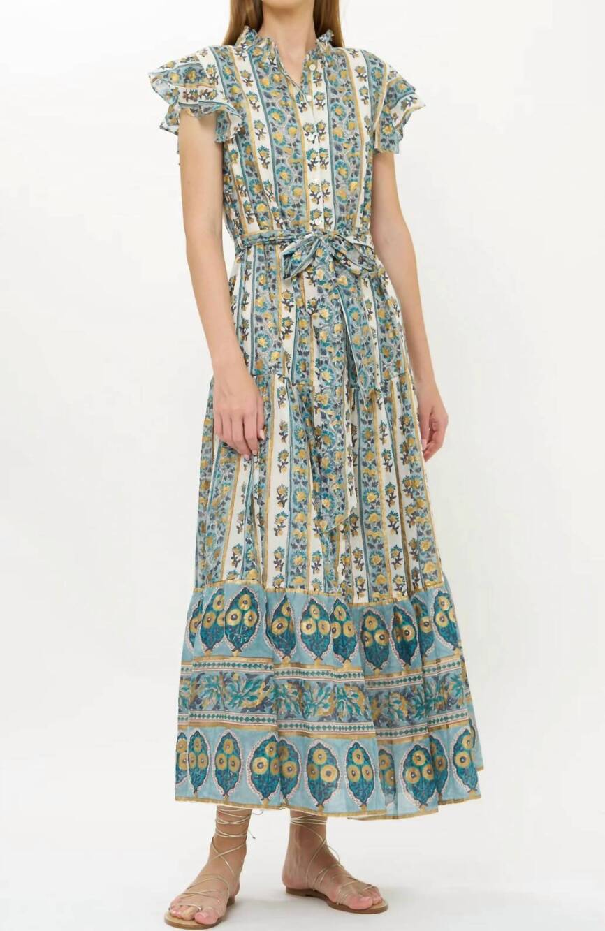 NEW OLIPHANT ruffle collar button maxi dress in taj blue